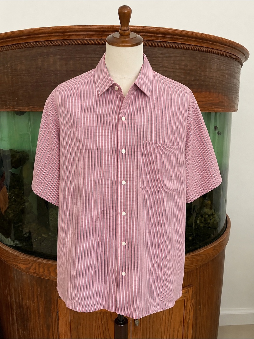 Bugatchi Uomo Men’s L Peach Pink Plaid Short Sleeve Button Front Shirt 24x30